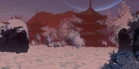 Japanese panorama. Chinese style structures. Digital art illustration. Beautiful landscape.  Japan architecture. 3D illustration. 