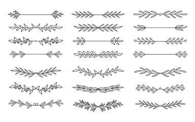 Set of floral elements divider line. Tree branches depicting foliate border. Graphic decorative element for design book page, text break, wedding invitation, certificate. Isolated vector illustration