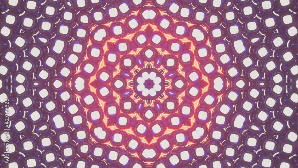 Poster animated abstract kaleidoscope patterns of glowing moving circles. looped background. 3d render
