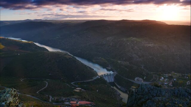 Time lapse. Douro river and spanish Saucelle Dam. Border between Portugal and Spain. National Parks. View from Penedo Durao lookout.