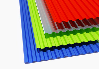 Profiled metal sheets. Multi-colored corrugated board. Polymer coated metal sheets. Bright colorful corrugated board. Four colorful sheets corrugated board. Construction sheet metal white background