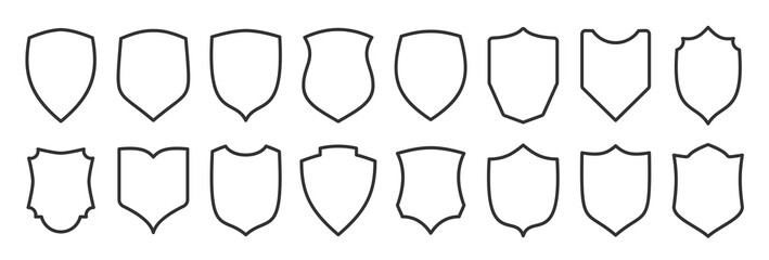 Shield shape black icon set. Security minimal sign guard line heraldic simple symbol. Defense outline emblem. Strong protection logo design element. Privacy guarantee badge. Web firewall pictogram