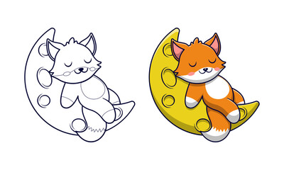 Cute fox on moon cartoon coloring pages for kids
