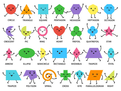 Cute geometric shape signed emoji faces with hands and legs. Geometry study color poster for teaching and learning basic figures in school. Cartoon emoticon kids. Nice visual educational material