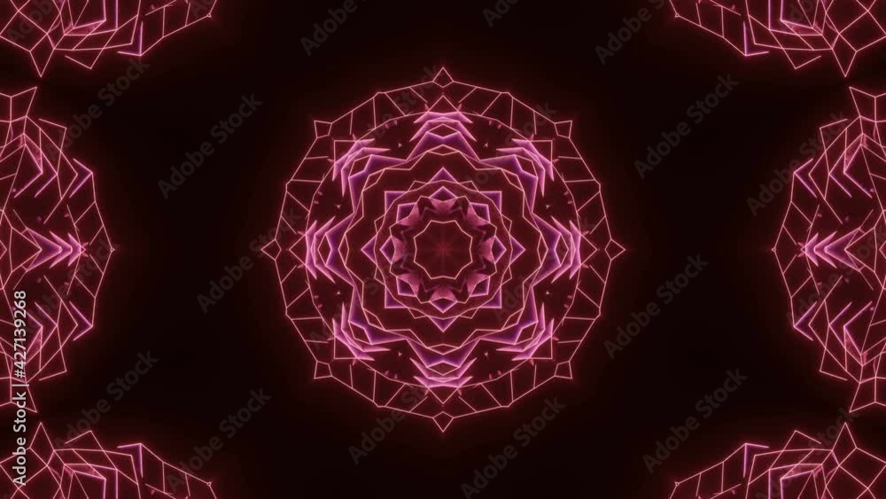 Poster animated abstract kaleidoscope patterns of glowing lines on a black background. looped background. 3