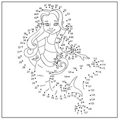 Kids game. Dot to dot drawing of cute mermaid. Worksheet, activity page for children. Drawing tutorial. Coloring page for kids.
