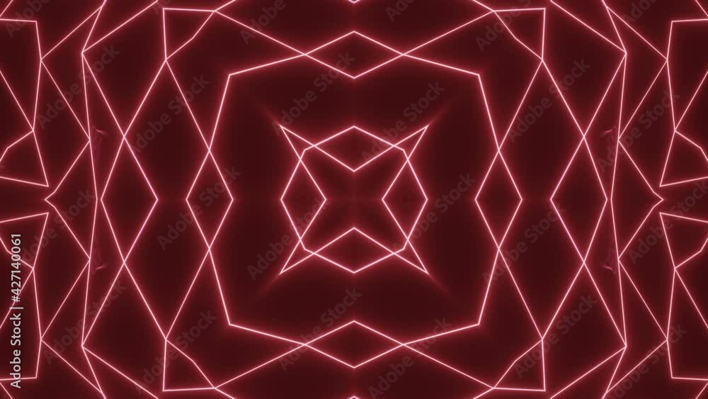Poster animated abstract kaleidoscope patterns of glowing lines on a black background. looped background. 3