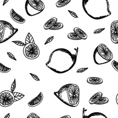 Cute black and white  vector seamless pattern with  doodle lemons and leaves. Isolated on white background. Background for wrapping paper, greeting cards, textile. Stock illustration.