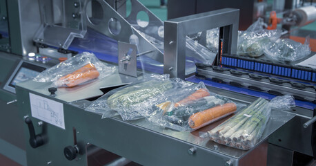 Food package wrapping machinery. Vegetable and fruit on flow pillow packing machine. Food industry