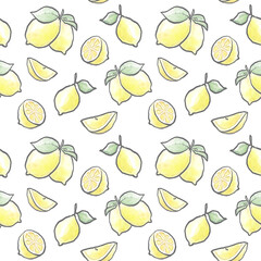 レモン柄　手描き風　白　透過　シームレスパターン