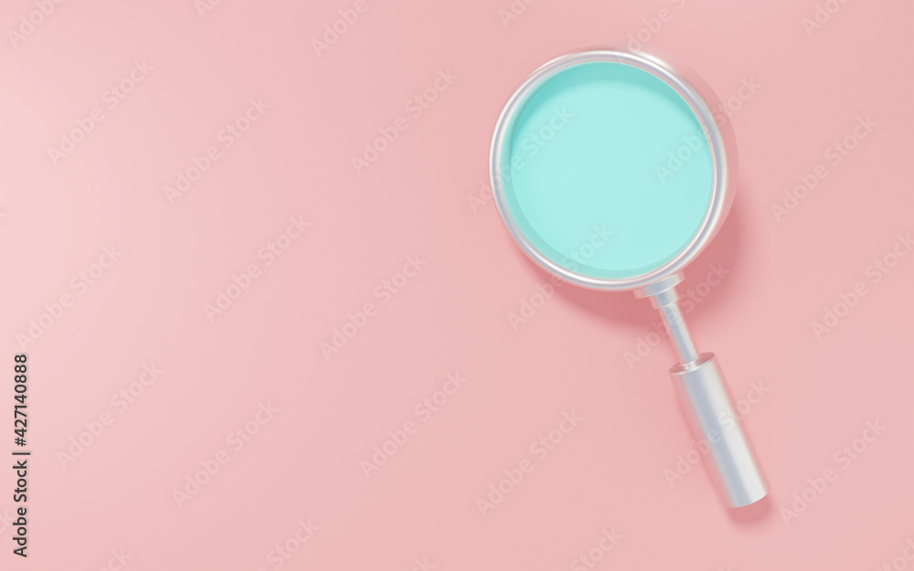 Poster minimal blank 3d illustration icon search pink background coloured. searching data or stories of int