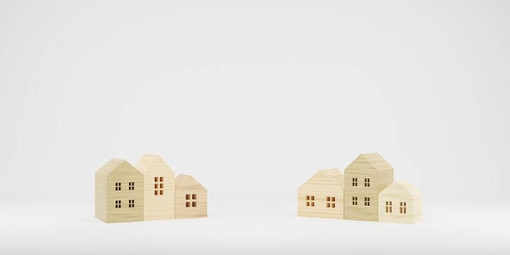 並んでいる積み木の家の3Dレンダー画像（プロシージャル素材を使用）