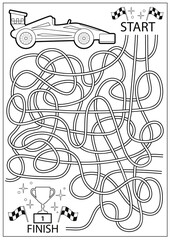 Kids maze game for kids. Children worksheet with racing car. Activity page. Educational riddle. Vector illustration.