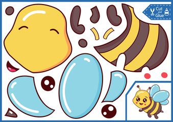 Kids game. Cut and glue the paper toy a cute bee. Craft activity art page. Worksheet, education riddle with cartoon character. Vector illustration.