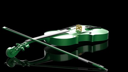 Green classic violin on black plate under spot lighting background. 3D sketch design and illustration. 3D high quality rendering.