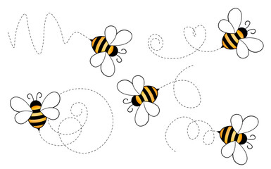 Set of cartoon bee mascot. A small bees flying on a dotted route. Wasp collection. Vector characters. Incest icon. Template design for invitation, cards. Doodle style