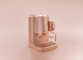 Anodized Rose Gold Material single color  Coffee Machine, kitchen appliance, on light pinkish color background, 3d rendering, monochrome utensil