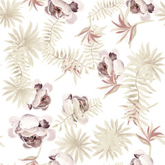 White Tropical Nature. Brown Seamless Foliage. Gray Pattern Painting. Flower Texture. Wallpaper Nature. Spring Design. Decoration Illustration. Drawing Textile.