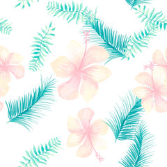 Fototapeta na wymiar Pink Tropical Art. White Seamless Vintage. Indigo Pattern Textile. Navy Flower Plant. Gray Wallpaper Palm. Coral Garden Background. Decoration Art.