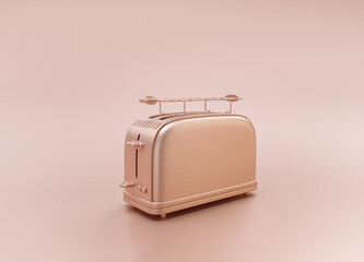 Anodized Rose Gold Material single color metallic shiny kitchen appliance, Toaster, on light pinkish color background, 3d rendering, utensil