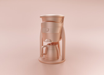 Anodized Rose Gold Material single color  Coffee Machine, kitchen appliance, on light pinkish color background, 3d rendering, monochrome utensil