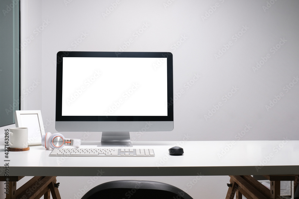 Fototapete modern workspace with computer with blank screen and equipment on white table.blank screen for your 