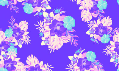 Navy Seamless Palm. Indigo Pattern Painting. Cobalt Tropical Illustration. Blue Floral Leaves. Purple Flora Palm. Pink Watercolor Illustration. Decoration Botanical.