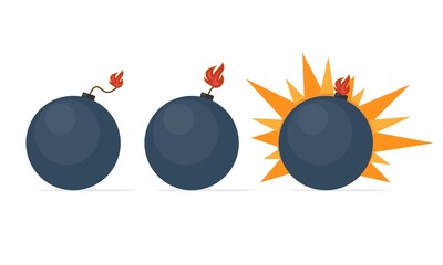 A black round bomb with a fuse in several states, explosives in action. Vector illustration in flat style