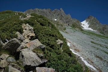 北アルプス、涸沢から奥穂高の登山風景