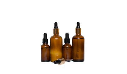 Amber glass bottles with pipette. Transparent hyaluronic gel and oil skin care concept. Top horizontal view copyspace