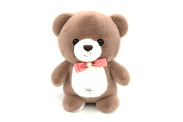 Fluffy brown teddy bear isolated on white background.