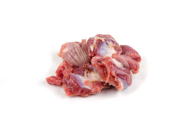 Raw chicken gizzards on white background.