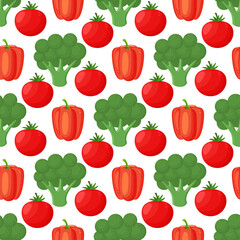 Seamless pattern with hand drawn colorful vegetables. Sketch style vector set. Vegetables flat icons set: paprika, broccoli, tomato.