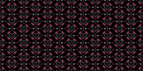Romantic background pattern with hearts and floral ornament on a black background. Seamless pattern, texture for your design. Vector image 