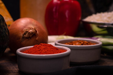 ingredients for preparation of locro traditional and typical Argentine food pepper paprika pumpkin pumpkin white bean corn onion green onion leek