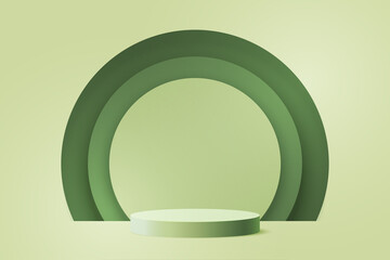 3d Paper cut abstract minimal geometric shape template background.Green cylinder podium on green circle background.