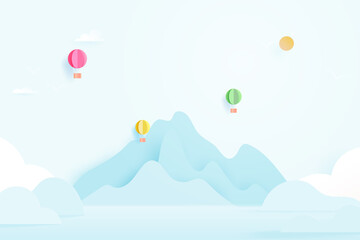 Paper cut of hot air ballons flying on mountains,clouds and blue sky color pastel paper art style.Vector illustration.