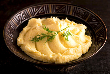 Mashed potatoes in bowl on wooden table.