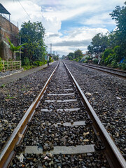 Railroad tracks shoot after rain. eye level angle view.