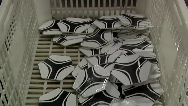 Throwing Synthetic Leather Hexagons into a Plastic Basket in the Production Line at Soccer Ball Factory. Close Up.