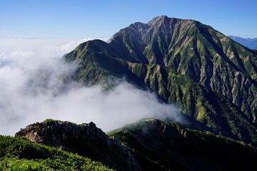 北アルプス八方尾根、唐松岳から五竜岳への登山風景、五竜岳