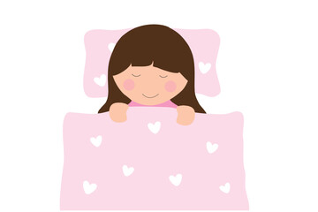 Healthy sleep concept, cute girl sleeping happily on bed vector illustration. 