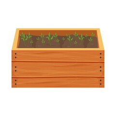 Wooden box, crate with soil, ground and greenery sprouts, seedling in cartoon style isolated on white background. Greenhouse, spring, agriculture concept. 