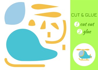 Cut and glue paper cartoon turquoise helicopter. Cut and paste craft activity page. Educational game for preschool children. DIY worksheet. Kids logic game, activities jigsaw. Vector illustration