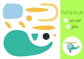 Cut and glue paper cartoon green helicopter. Cut and paste craft activity page. Educational game for preschool children. DIY worksheet. Kids logic game, activities jigsaw. Vector stock illustration.