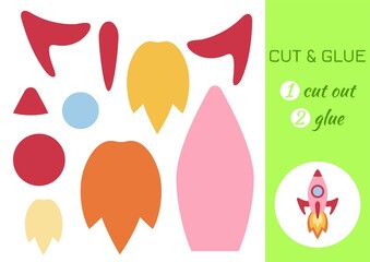 Cut and glue paper cartoon pink rocket. Cut and paste craft activity page. Educational game for preschool children. DIY worksheet. Kids logic game, activities jigsaw. Vector stock illustration.