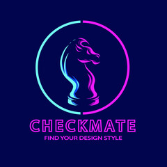 Chess Horse Knight line pop art potrait logo colorful design with dark background. Abstract vector illustration.