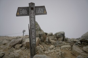 北アルプス八方尾根、唐松岳から五竜岳への登山風景、登山標識