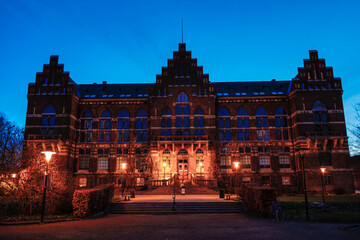 Lund, Sweden  The grounds of the University of Lund and the Univetrsity library at night.