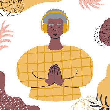 Audio Guided Meditation. Senior African Man Relaxing In Headphones.